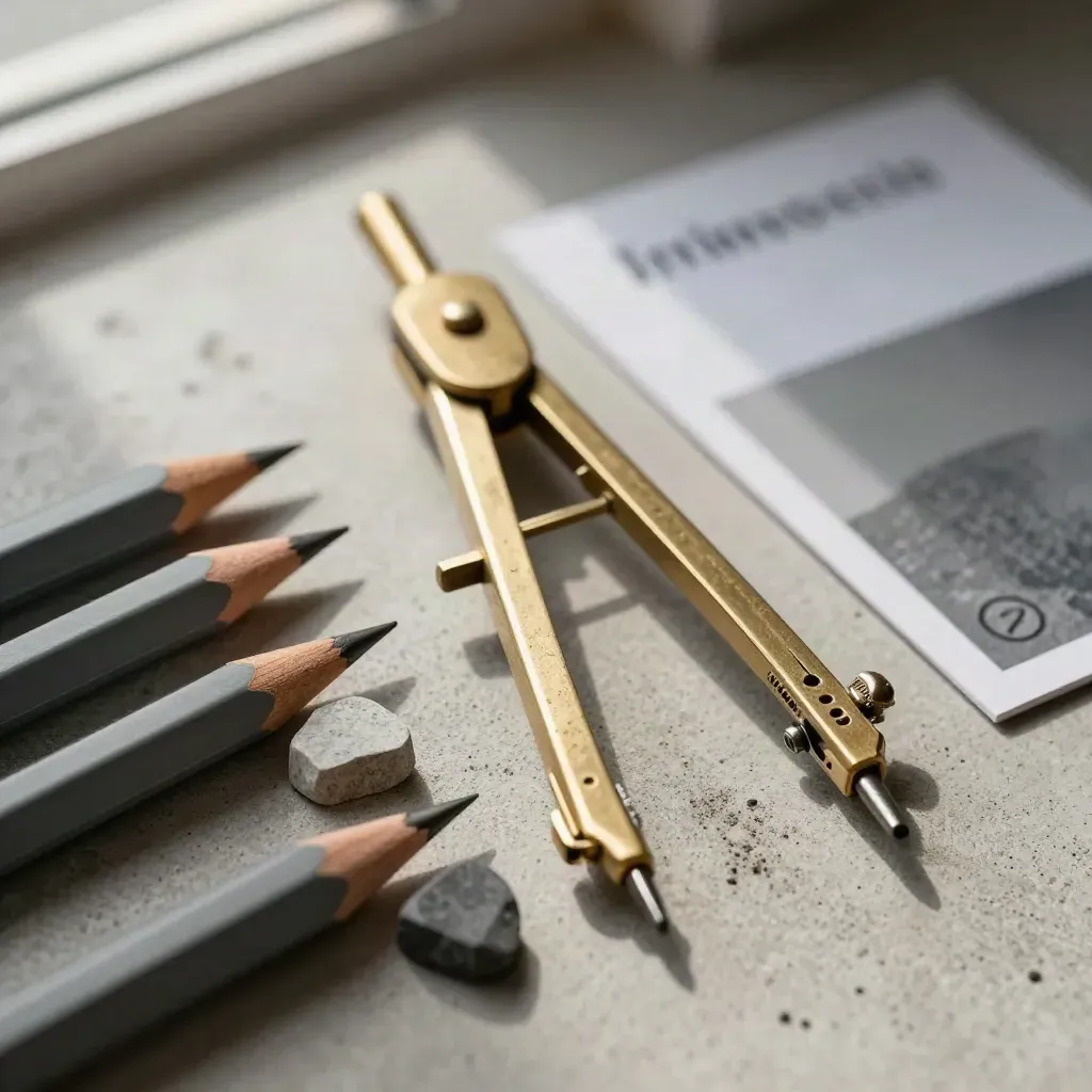 Architect’s brass compass, graphite pencils, and stone sample chips on brushed concrete