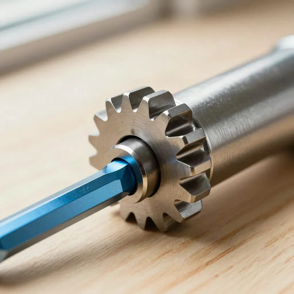 Machined gear, hex key, and metal spacer aligned on pale wood with blue accent.