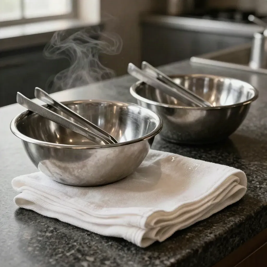 Stainless prep bowls, chef tweezers and linen towel on dark stone with steam haze.