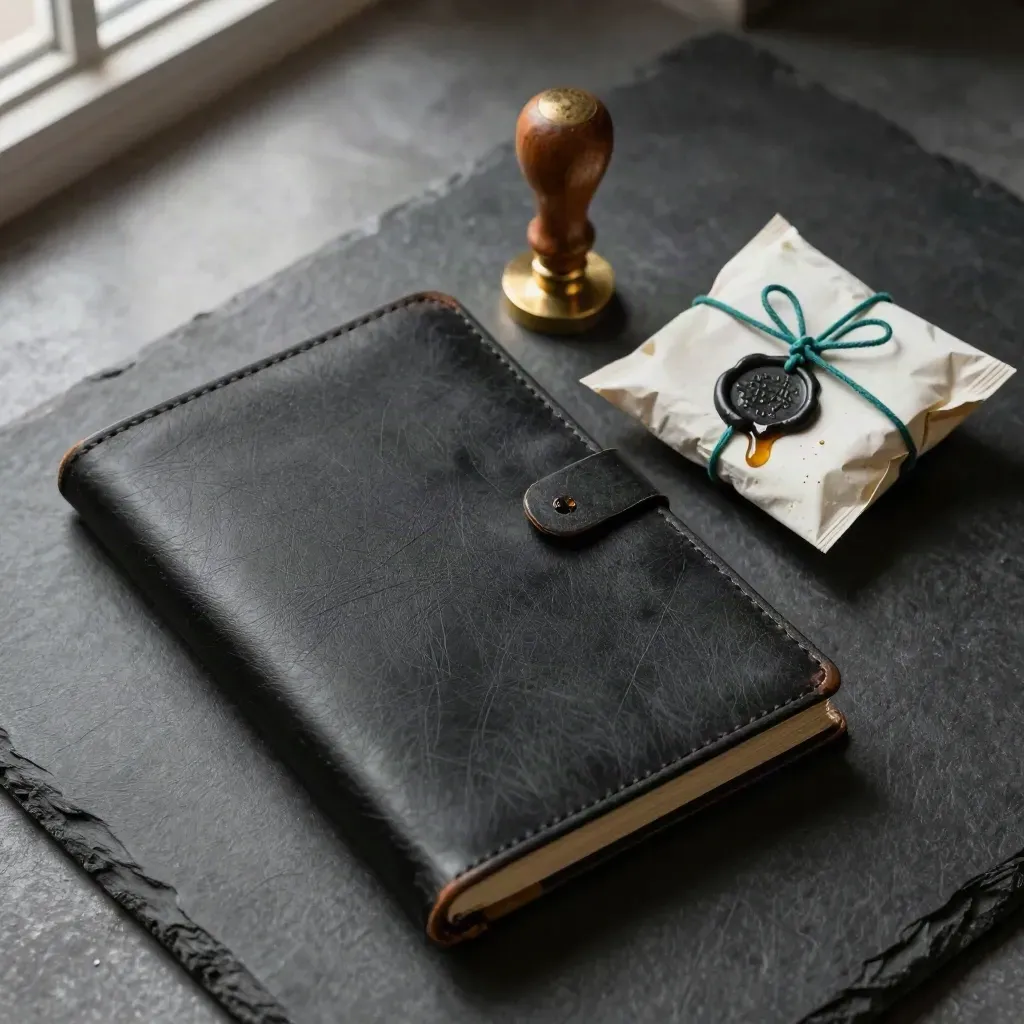 Top-down still life of ledger folio, brass seal stamp and wax packet on charcoal slab