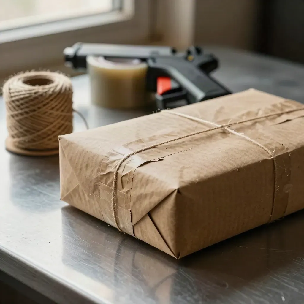 Macro still life of packing tape gun, twine spool, and cinched kraft parcel on brushed metal.