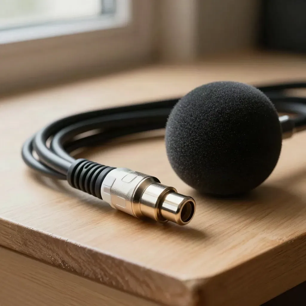 Studio cable, metal connectors, and foam windscreen on warm pale wood in dramatic light.