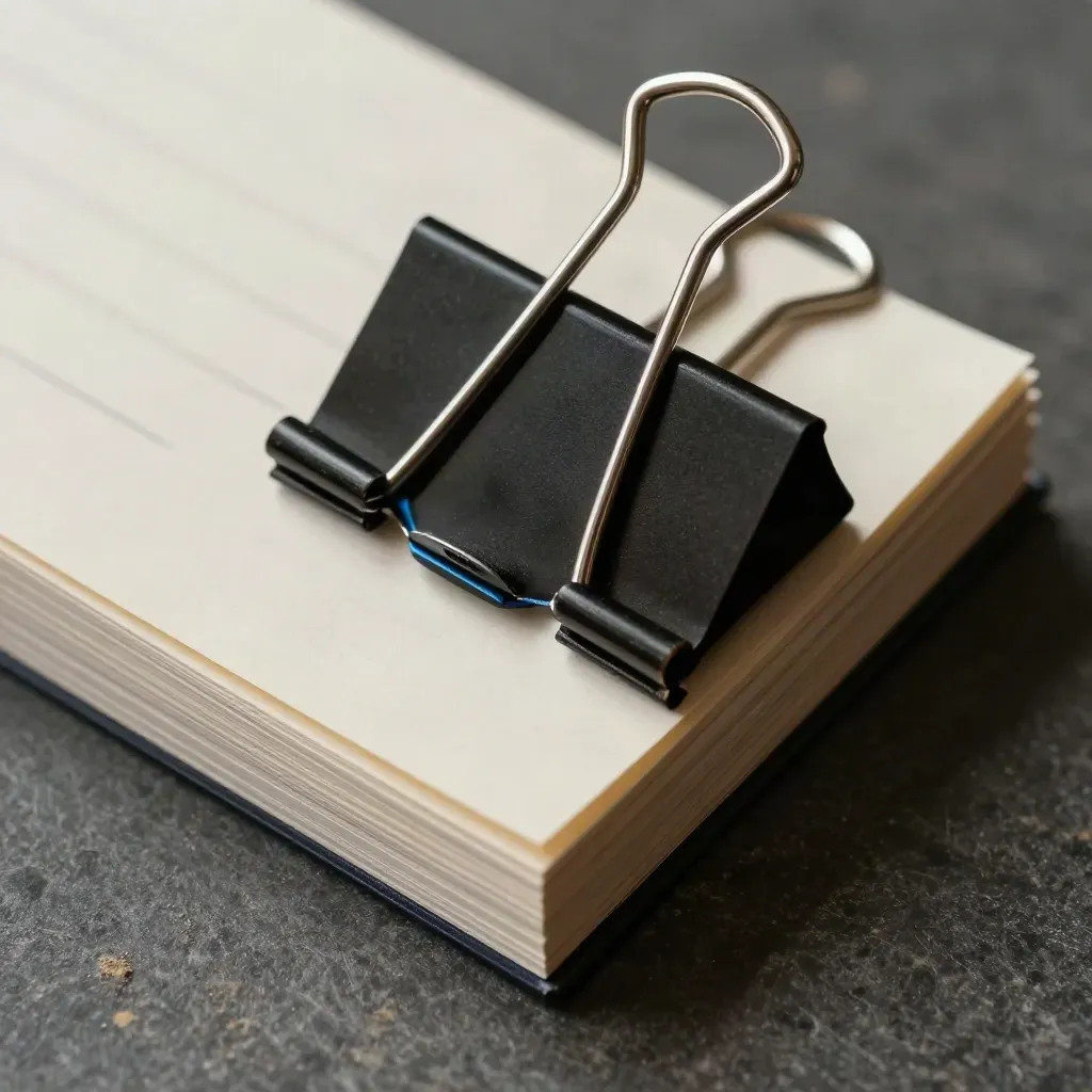 Overhead macro of a binder clip holding blank cards, one card slipping free on dark stone.