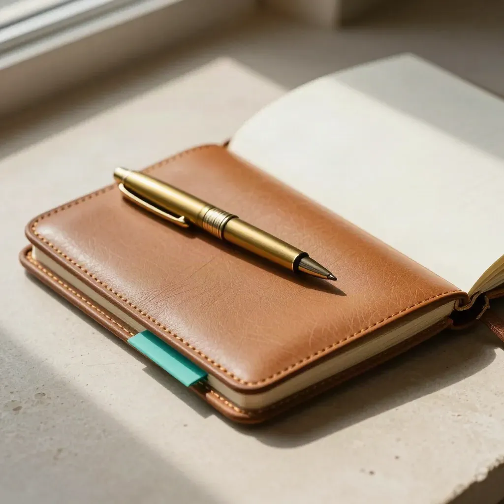 Open leather pocket notebook with brass pen and teal page marker on pale stone.