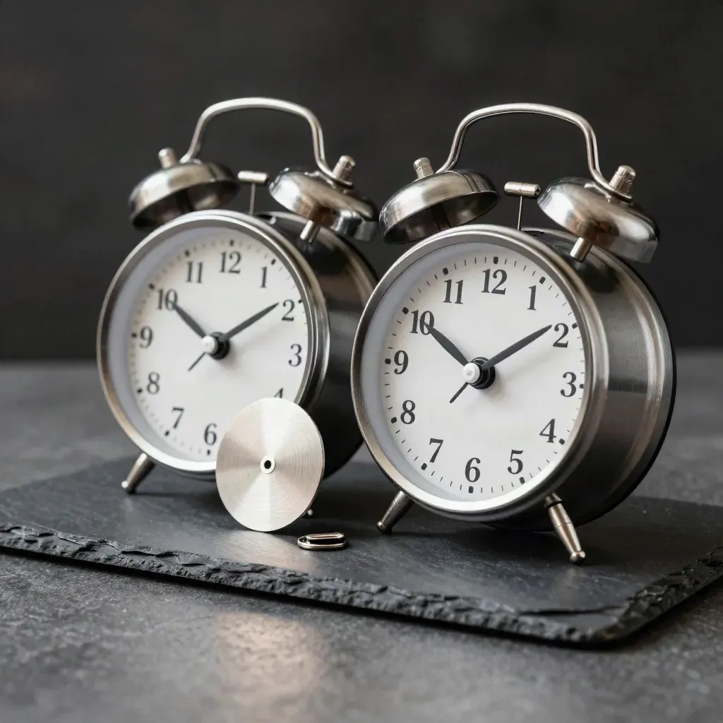 Brushed alarm clocks beside a blank date wheel on a slate tray, synced to the same minute.