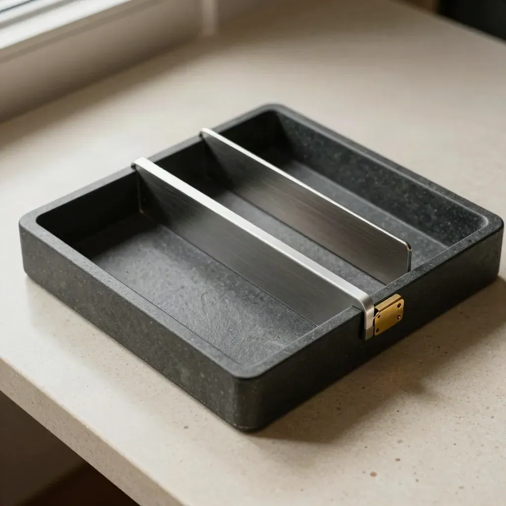 Slate workflow tray, dividers, and brass paperweight on travertine under dramatic overhead light