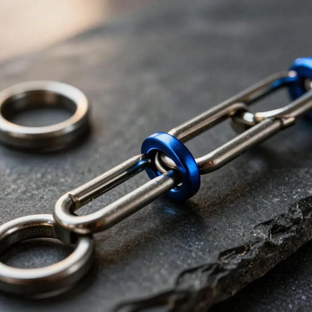 Macro of magnetic cable clips and metal rings on dark stone with a blue accent.