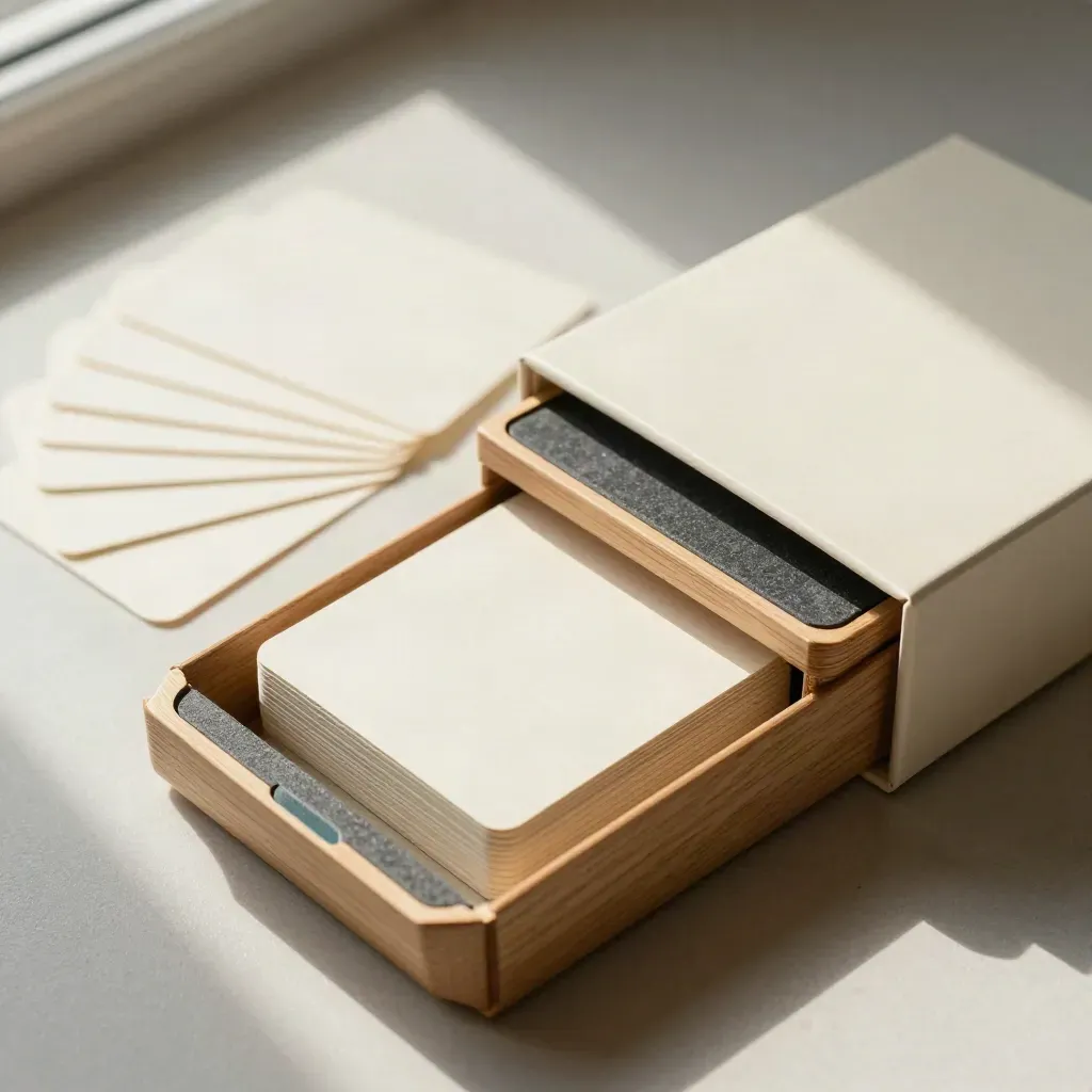 Overhead flatlay of a card box, fanned template cards, and sliding dividers on pale wood.