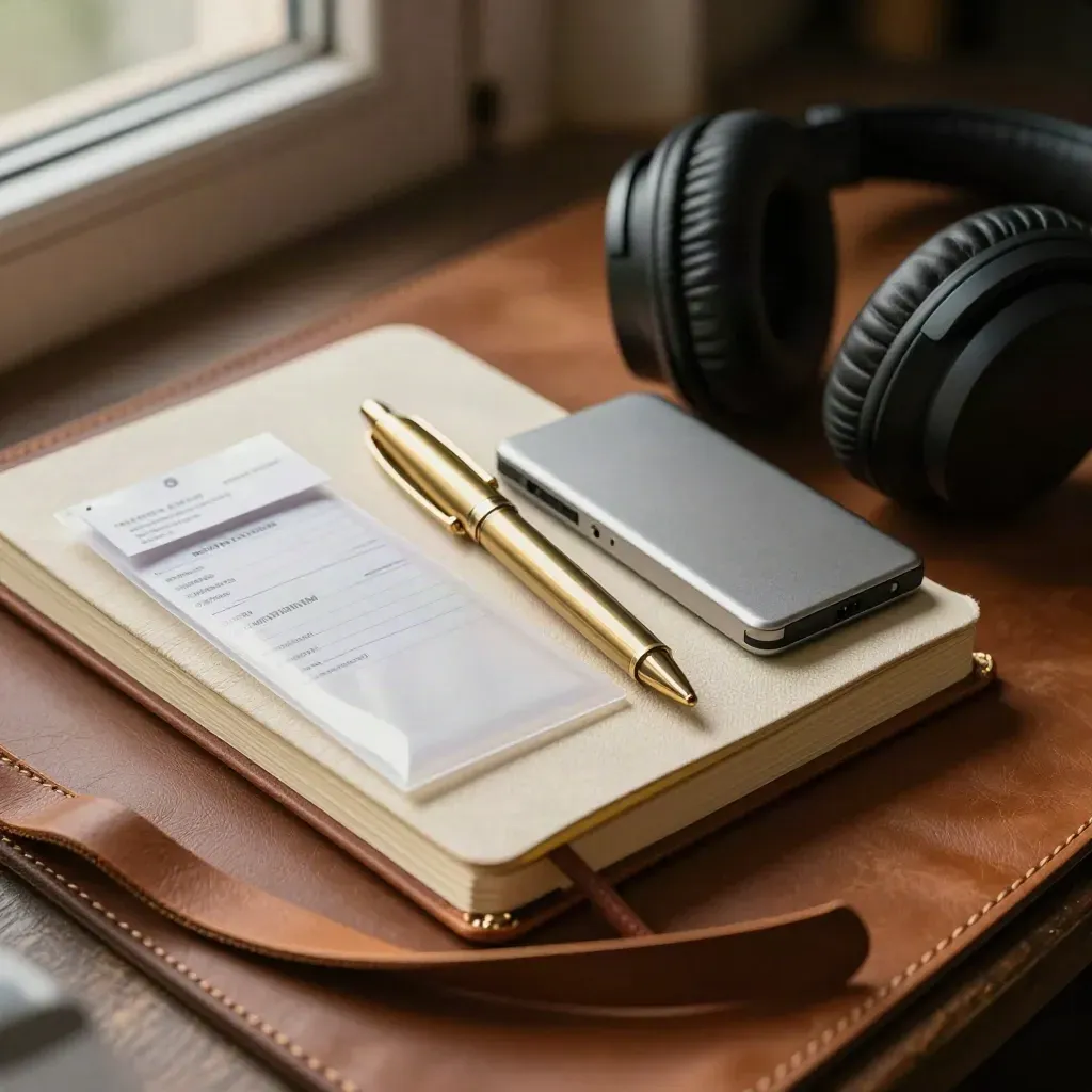 Macro still life of freelancer tools: notebook, brass pen, SSD, headphones on worn leather.