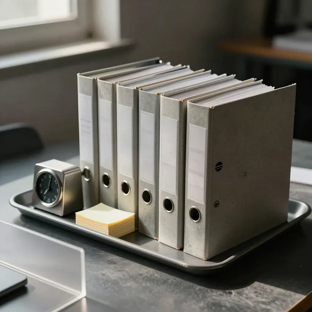 Ring binders and a desk timer on concrete with sticky tabs, lit dramatically from above.