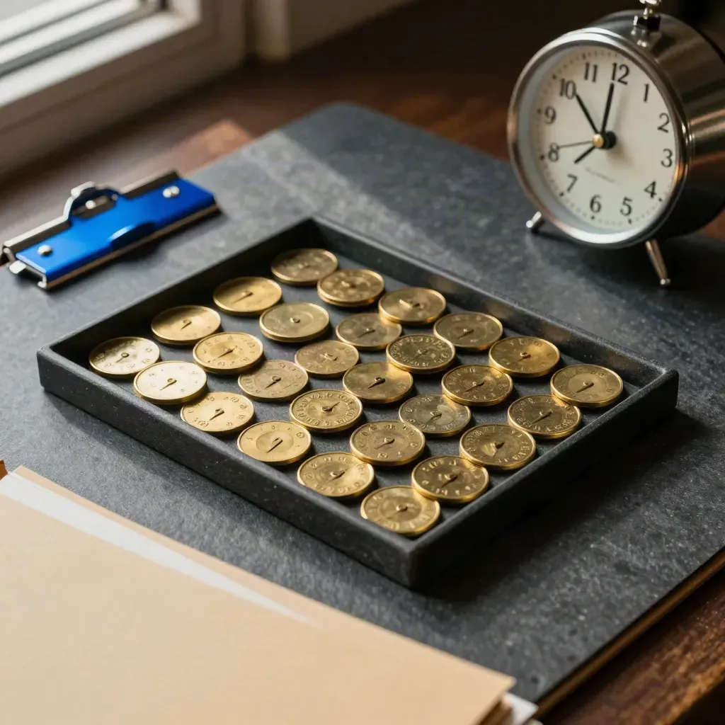 Brass status tokens, tiered in-tray, clipboard and clock on slate, seen through a folder edge.
