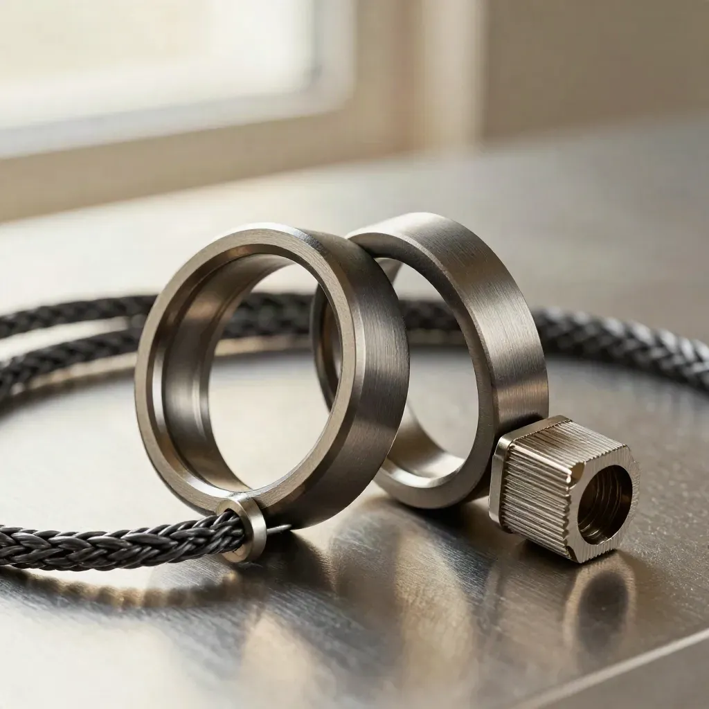 Macro still life of interlocking aluminum rings, braided cable loop, and connector block on brushed steel.