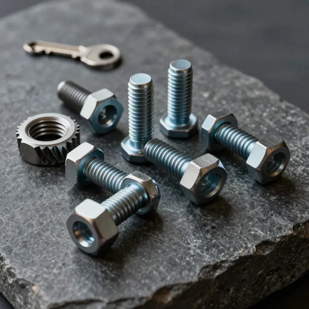 Hex bolts, split gear collar, and socket pieces arranged in a tense diagonal still life on dark stone.