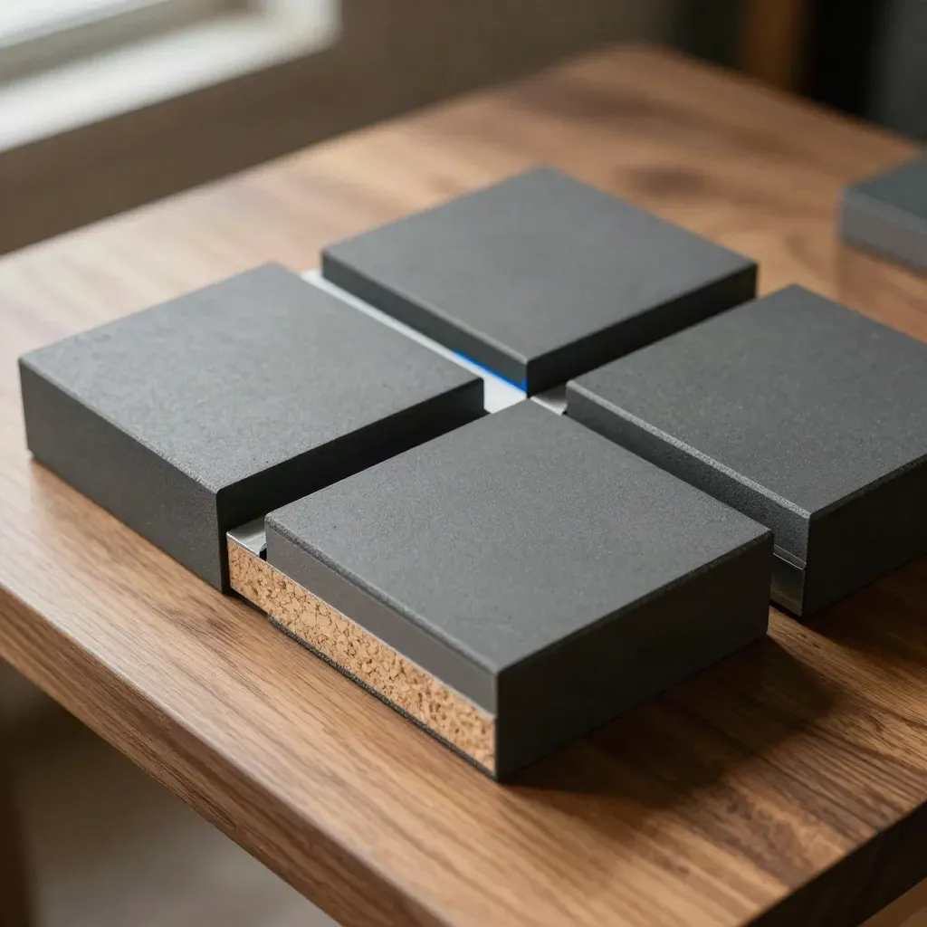 Graphite modular blocks and cork insert arranged on warm wood with a tiny blue accent.