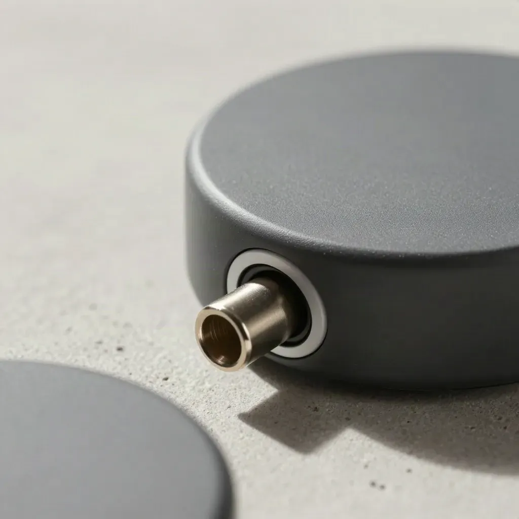 Speaker puck and connector docking on pale concrete with soft light and haze