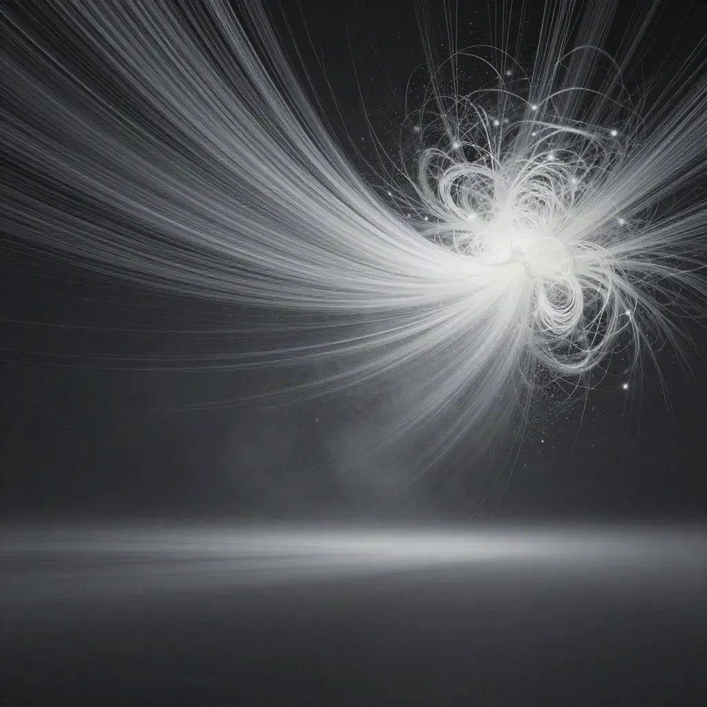 Silver filaments converge into a soft off-centre bloom in a dark graphite void.